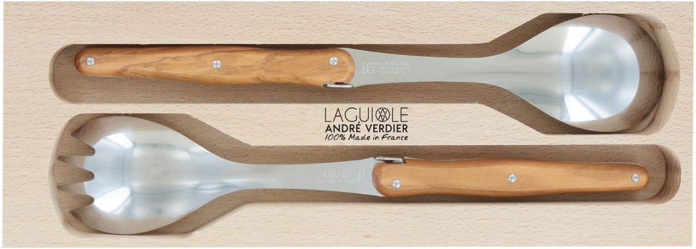 Laguiole Cutlery Set with OliveWood Handles and Stainless Steel Blade Made in France (Standard, Salad Server 2PCS)