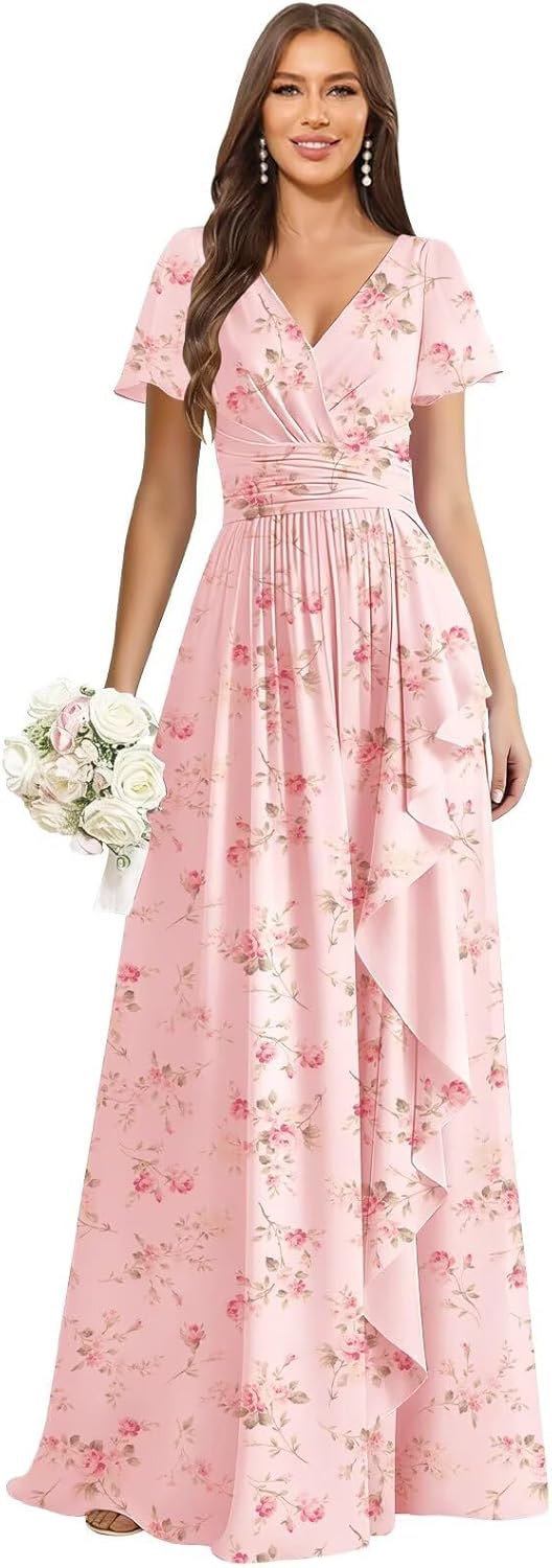 Short Sleeve Bridesmaid Dresses for Women Chiffon V Neck Pleated Long Formal Wedding Party Gowns with Ruffles