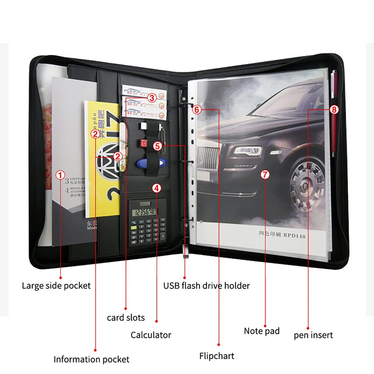 Zdejmujący się Ring Binder i Notepad, Teczka A4 ze skóry PU, zapinana na zamek, z 3 kółkami, organizerem, kieszeniami długopisy, w kolorze czarnym(Black B)