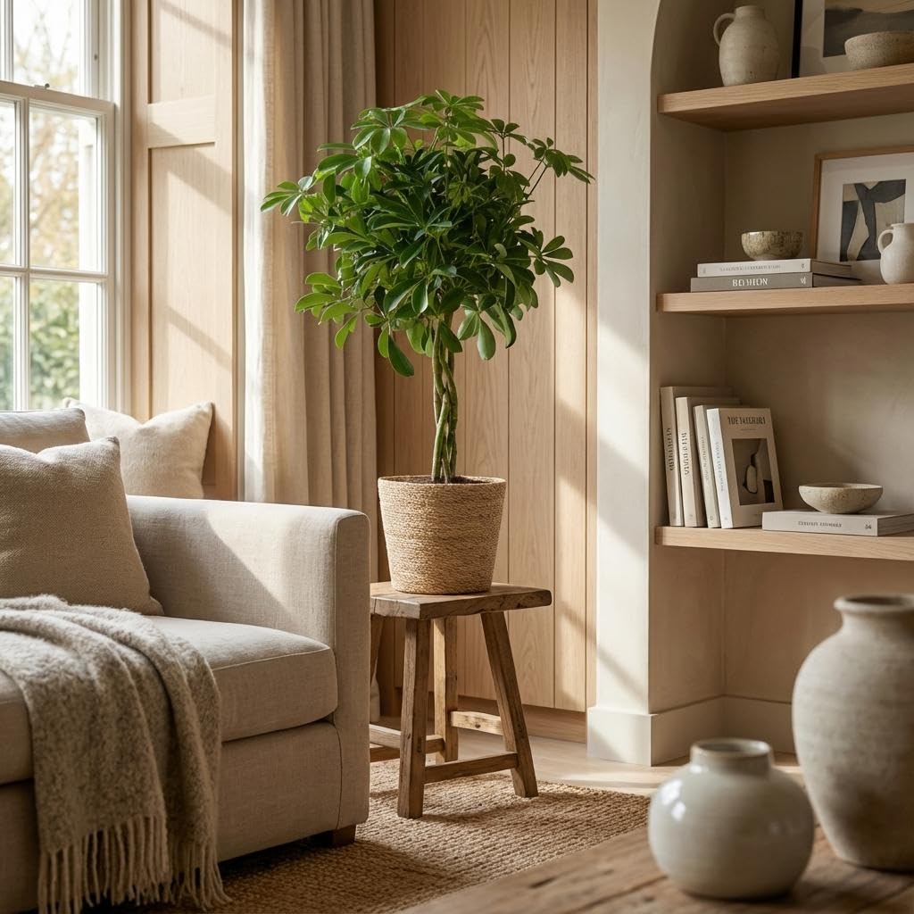 Schefflera Arab Nora mit Korb Sofia natur - 70-80cm - Ø21cm - Zimmerpflanze - Immergrün