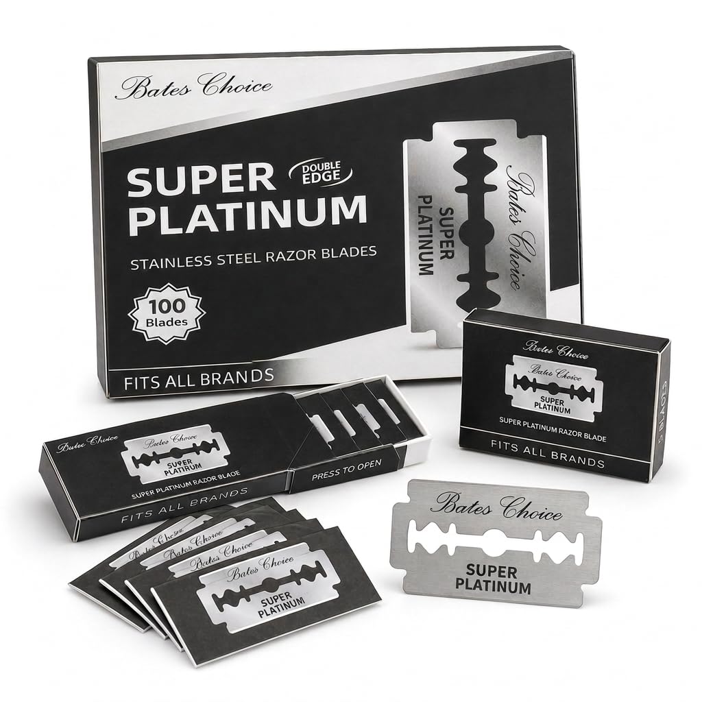 Bates- Double Edge Razor Blade, 100 Pack, Silver, Stainless Steel, Shaving Blades for Men