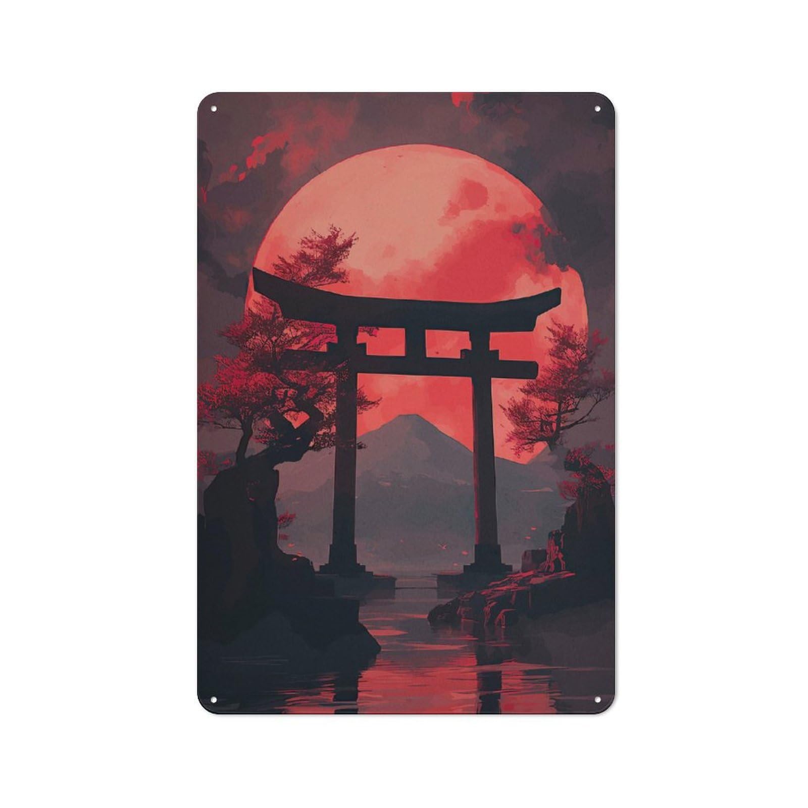 Junmoney Japanese Gate Under Red Mo For Garden Room Or Summerhouse, Rustic Tin Sign 30X20cm, Wall Decor For Garden Rooms And Summerhouses