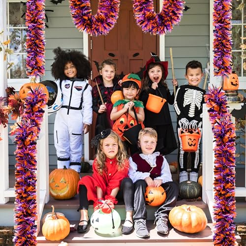 Image of 50 FT Halloween Tinsel Garland, Thick Glitter Hanging Streamers Black Orange Purple Mixed Color Metallic Tinsel Hanging Oranment for Halloween Party Supplies Indoor Outdoor Decoration