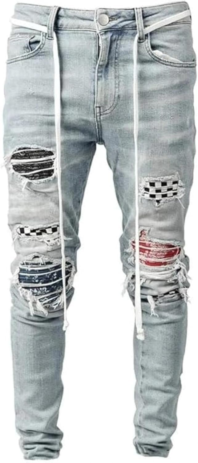Mens Skinny Jeans with Side Pockets Casual and Cool Hip Hop Denim Pants Angled Cargo Trousers in Black