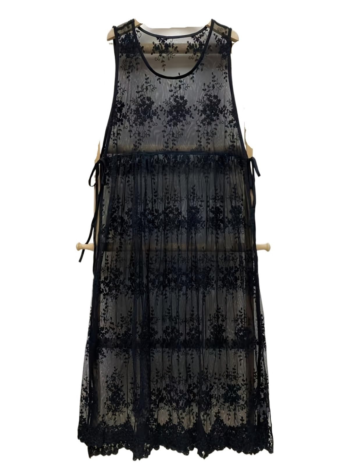 Vestido Tipo Chaleco Largo sin Mangas con Bordado de Encaje Color sólido Dulce y Fresco Cuello Redondo, Jersey, Suelto Elegante, Lazo Lateral, Capas versátiles, superposición una Sola Pieza