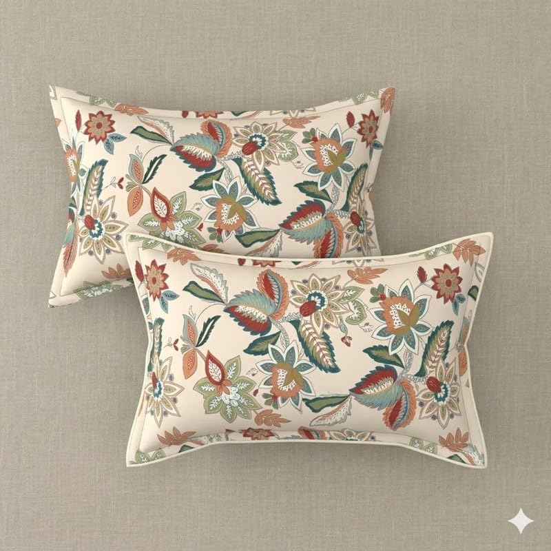Image of Cotton Bolls Textiles Glace Cotton Fitted Bedsheet 72x72x6 Inch with 2 Pillow Covers - Soft Breathable Fabric, Elastic All Around, Printed Bedding for Double Bed