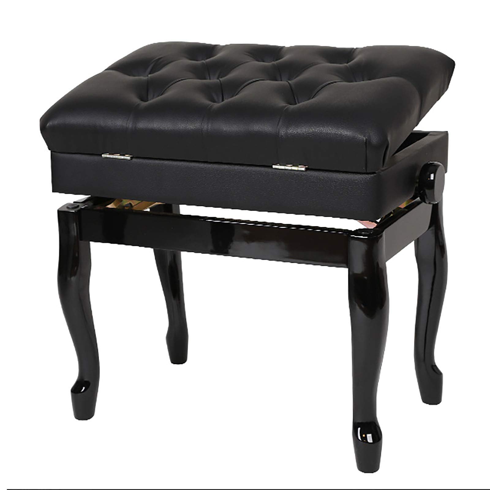 Sgabello regolabile per pianoforte con gambe in legno massello e cuscino imbottito con vano portaoggetti, design antiscivolo, in pelle PU nera