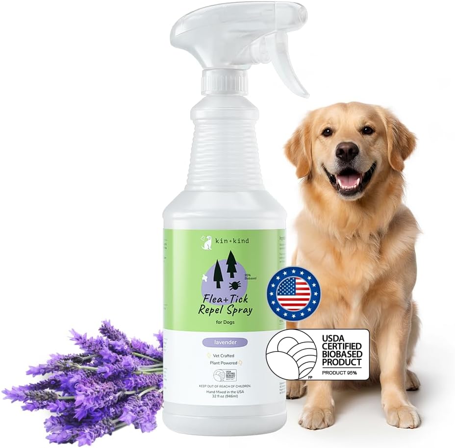 kin+kind Flea and Tick Prevention for Dogs – Plant Based Flea Spray with Rosemary, Lemongrass & Cedarwood Oil – Pet Supplies for Bugs and Pests – Flea & Tick Pet Spray Prevention - Lavender 32 fl oz