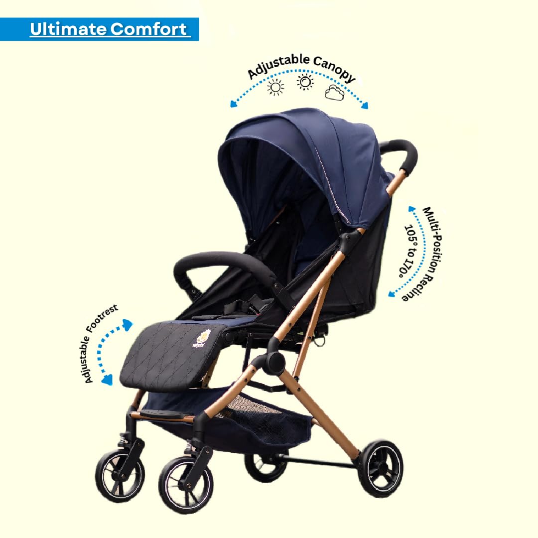 Chipzzie Travel Mate Baby Stroller – Pre-Installed, Lightweight, Compact & Travel-Friendly | One-Hand Fold | Full Recline & 5-Point Harness | Newborn to Toddler (0-3 Yrs) | Elegant Rose Gold Frame – Blue 1