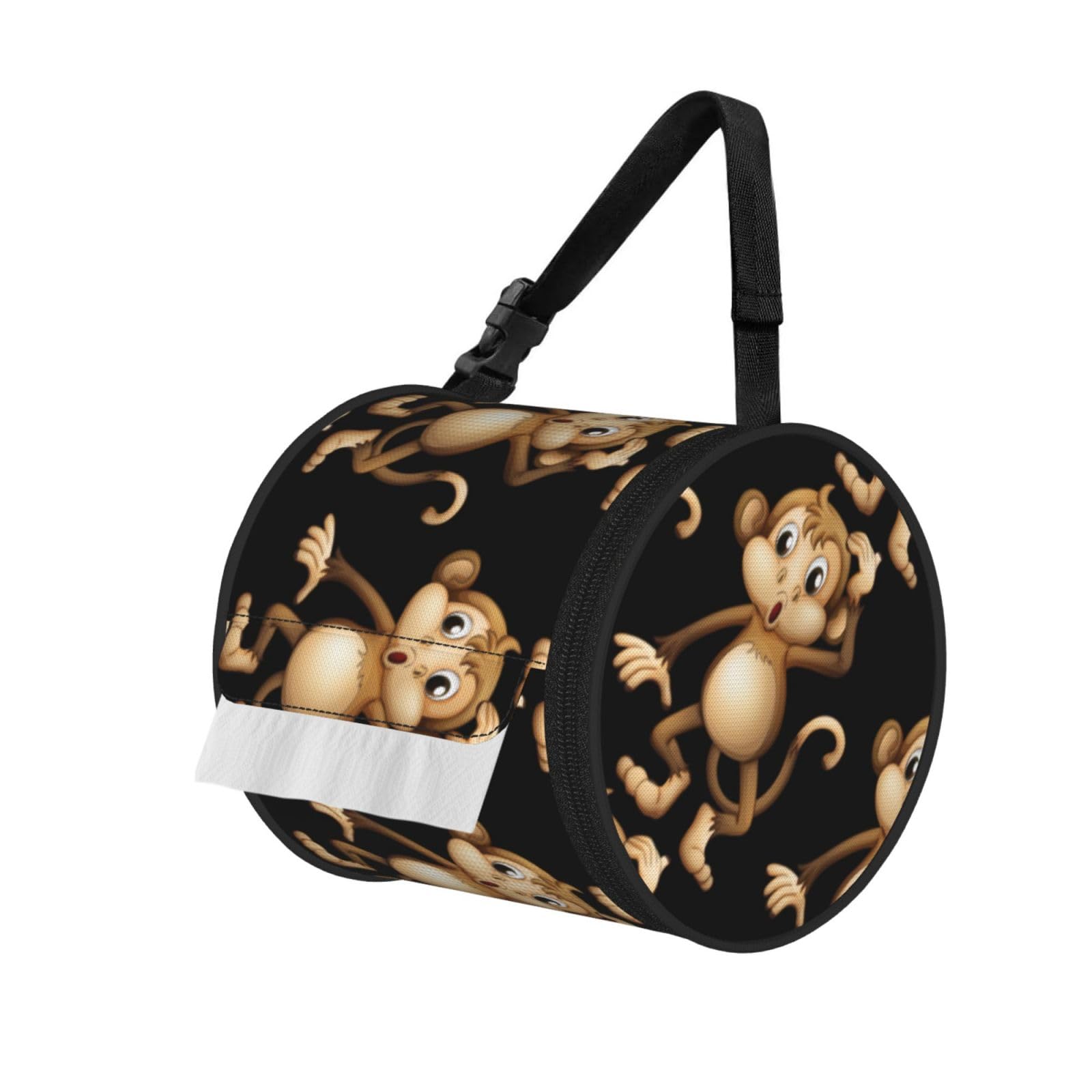 Cute Monkey Print Round Paper Tissue Holder With Shoulder Strap, Portable Roll Case For Caravan Travel Use