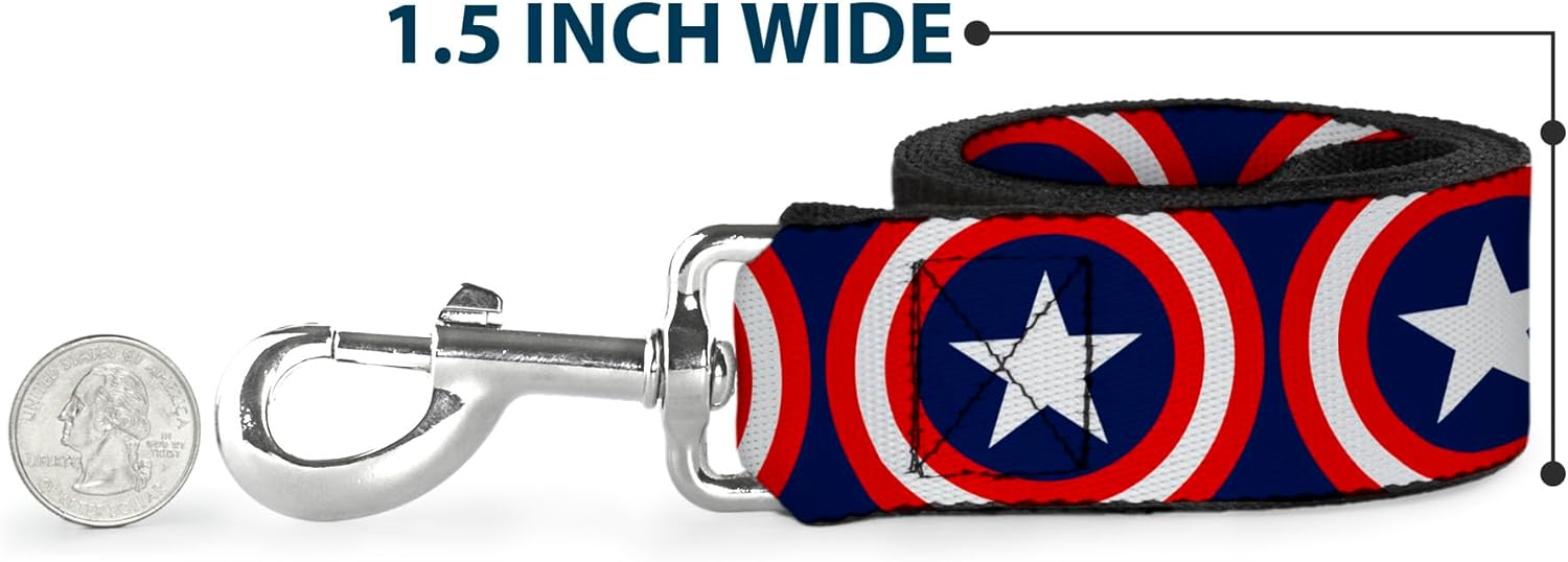 Buckle-Down Pet Leash - Captain America Shield Repeat Navy - 6 Feet Long - 1" Wide