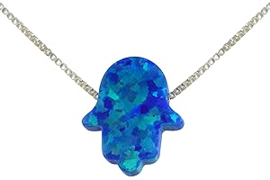 Blue Created Opal Hamsa Hand Pendant Necklace
