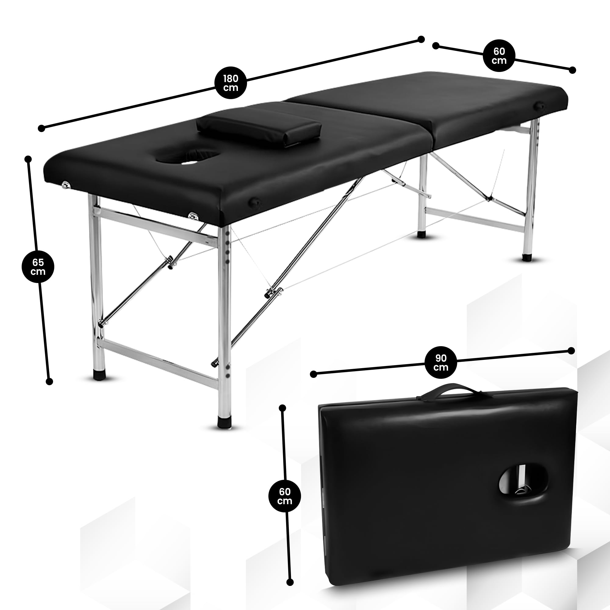 Mesa de masaje plegable profesional Maya de 2 planos, ligera y ergonómica con asa integrada, revestimiento de piel sintética, comodidad óptima (aluminio, negro)