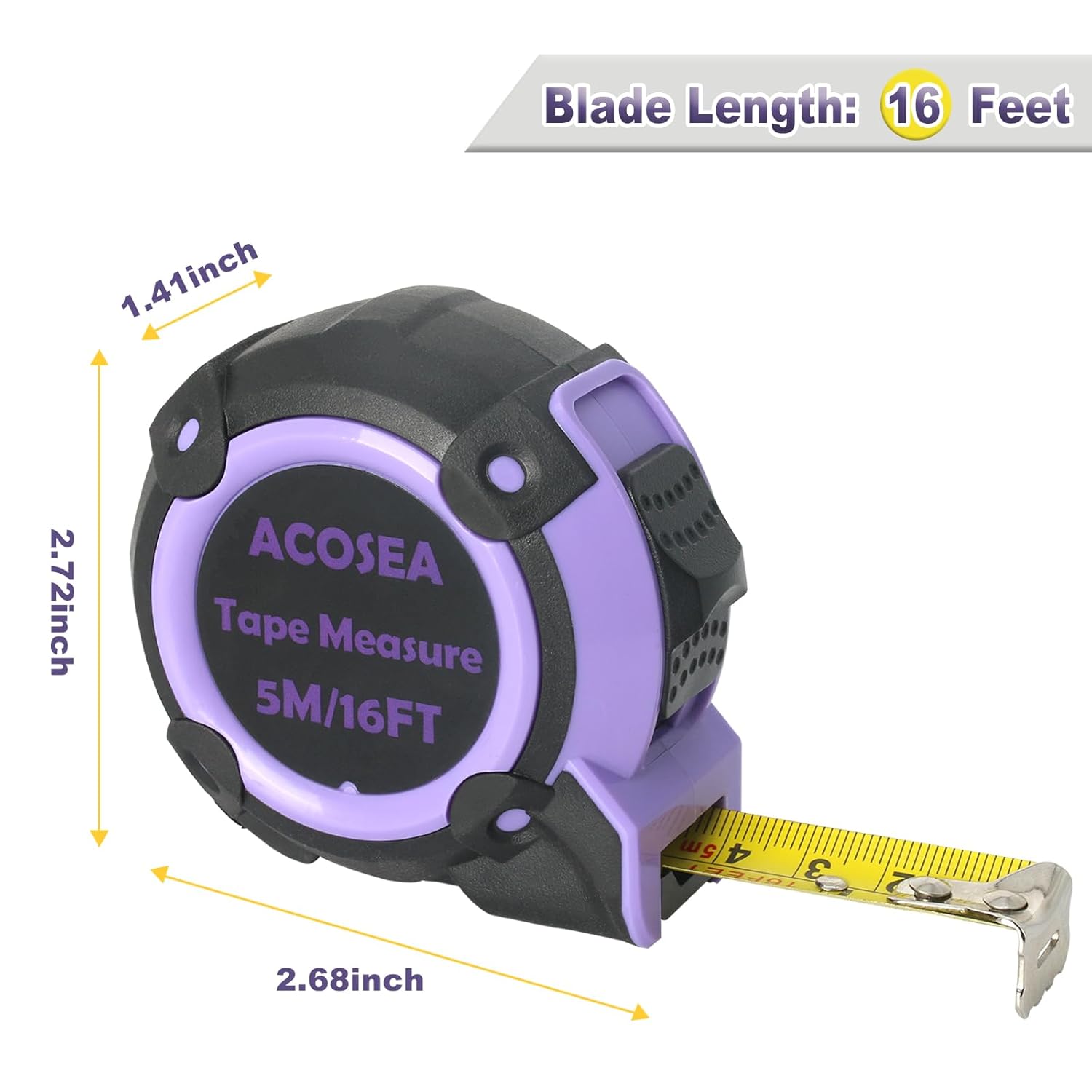 Tape Measures Retractable,16FT Purple Tape Measure SAE and Metric Easy to Read,Measuring Tape with Retractable Blade and Lock Button