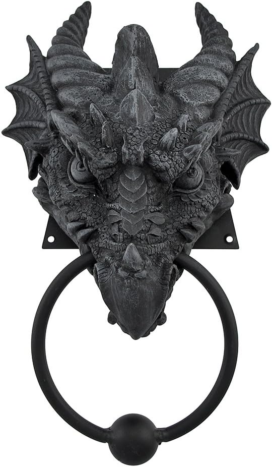 Gothic Medieval Dragon Door Knocker Cast Iron Finish, Knockers