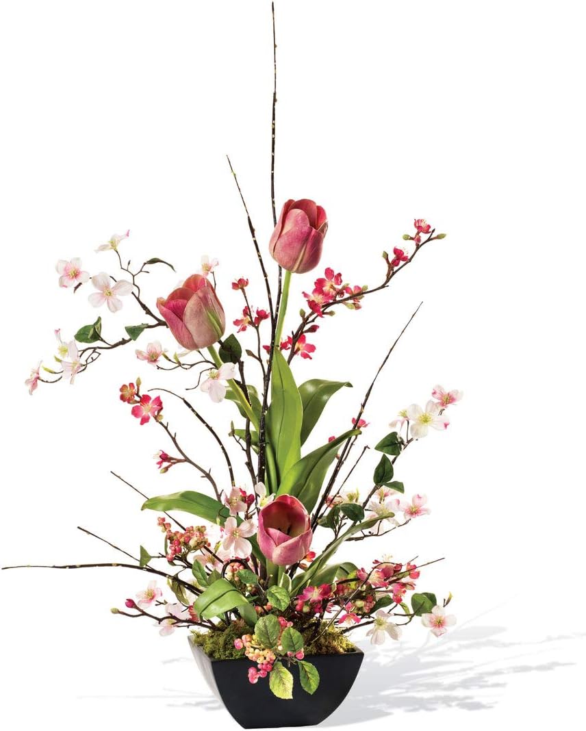 Petals Cherry Blossom, Dogwood & Tulip Silk Flower Arrangement in a Black Resin Square Planter