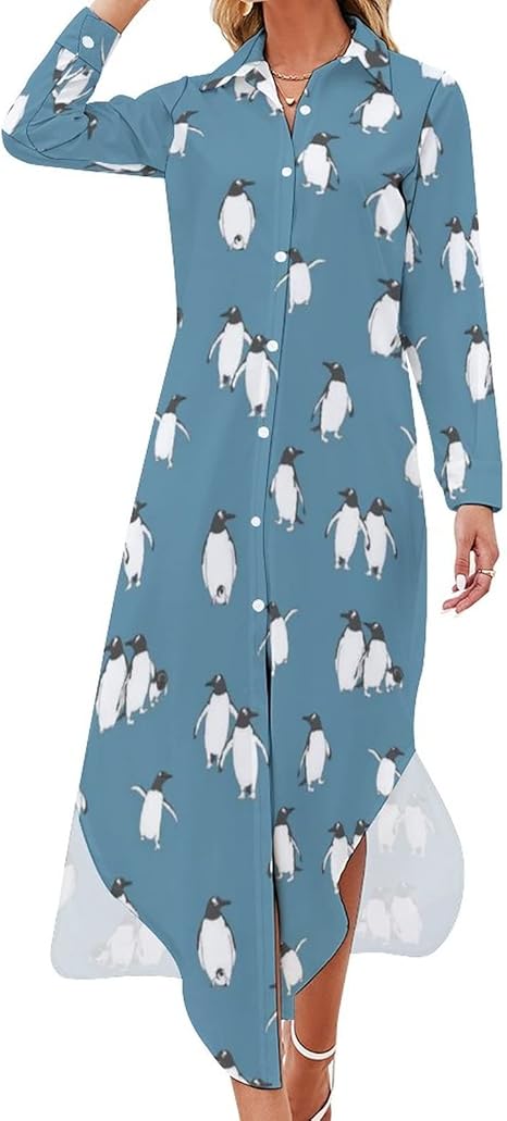 Amazon Co Jp シャツワンピース ボタンワンピース かわいい ペンギン柄 レディース シャツスカート ロングワンピース シャツわんぴ ドレス 長袖 ボタンダウン ブラウス 膝丈 大きいサイズ Aライン 体型カバー ゆったり カジュアル 着痩せ ゆったり Vネック ファッション