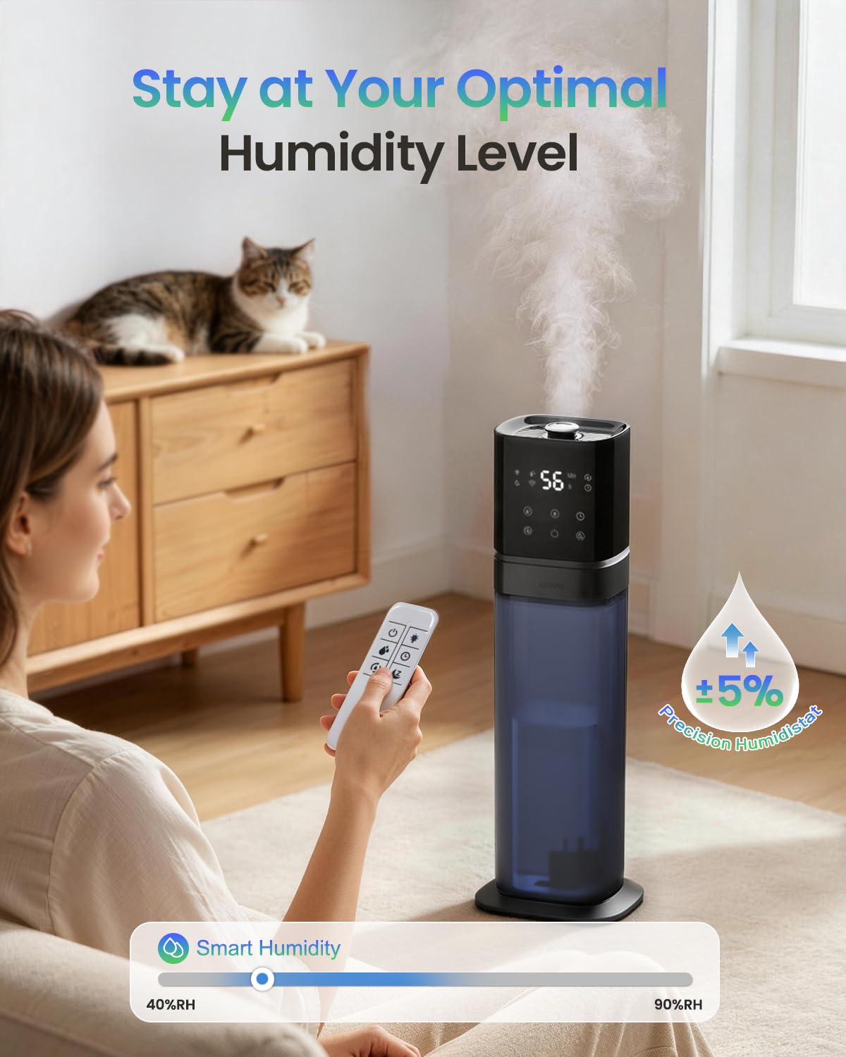 Humidificador Inteligente para Habitación Grande, 2.1 Gal/8 L, con Tubo Extendido y Luz Nocturna, Humidificador de Niebla Fría para Toda la Casa de 1000 Pies²