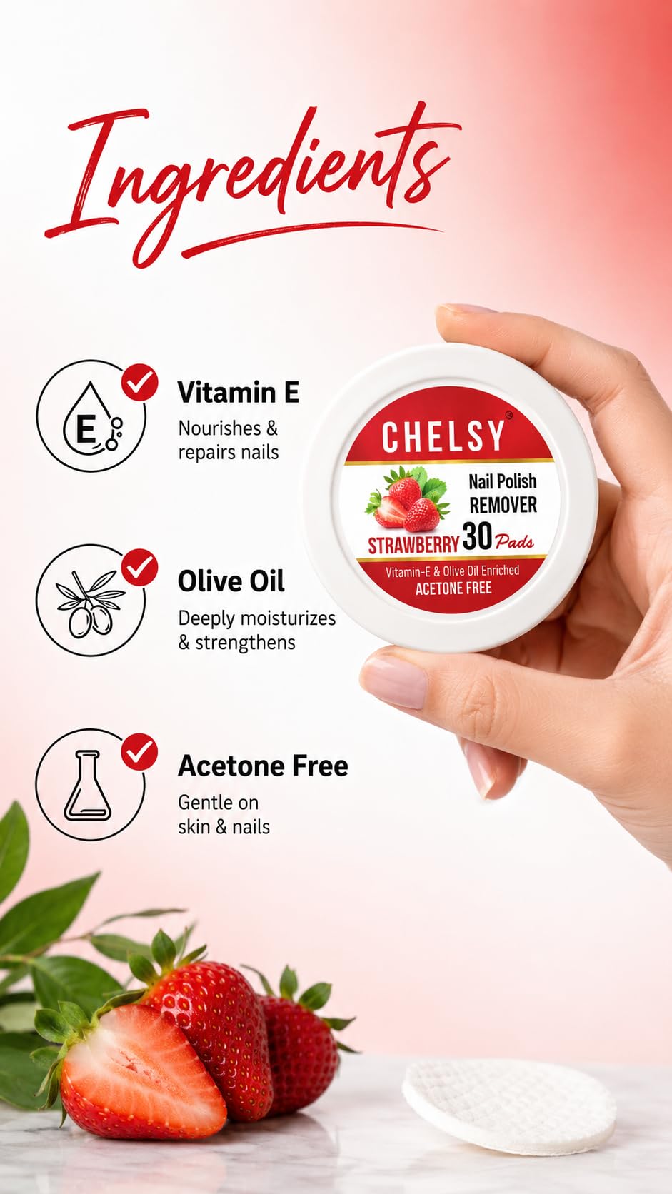 Chelsy Nail Polish Remover Wipes, 60 Pads (30x2) – Aloe Vera & Strawberry, Acetone-Free Nail Paint Remover Wipes for Women, Travel-Friendly 1