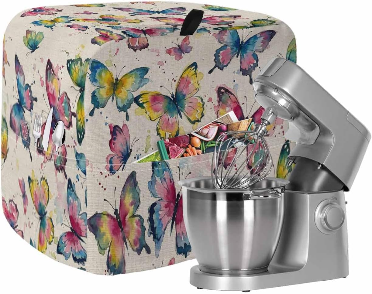 Colorful Butterfly Stand Mixer Cover with Storage Pocket,Waterproof Kitchen Mixer Covers,Elegant Pastoral Butterflies Rustic Watercolor Kitchen Appliance Dust Cover Compatible with 4/4.5 Quart Mixers