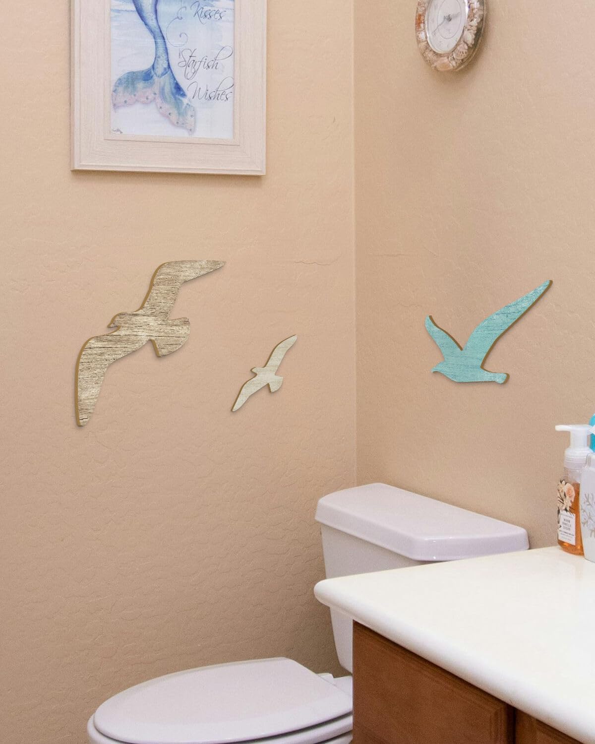 Putuo Decor 3pcs Wood Seagull Wall Decor Wooden Beach Wall Decor Coastal Theme Wall Art Seagull Wall Sculpture Sea Birds Lake House Ocean Decor Vintage Ornaments For Home Bathroom