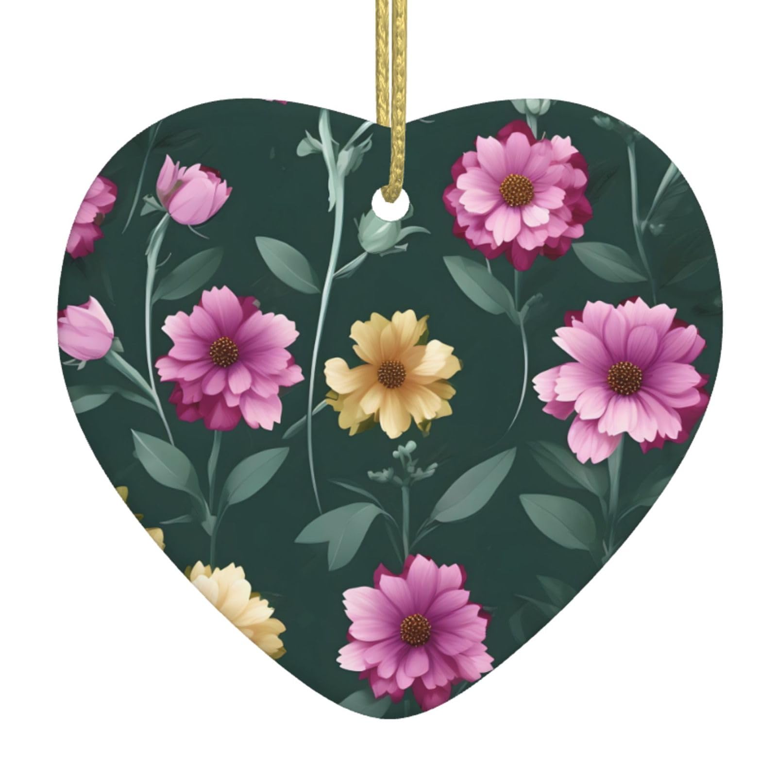 Beautiful Purple Flowers Ceramic Christmas Heart Pendant with Silk Thread, Christmas Tree Home Decoration
