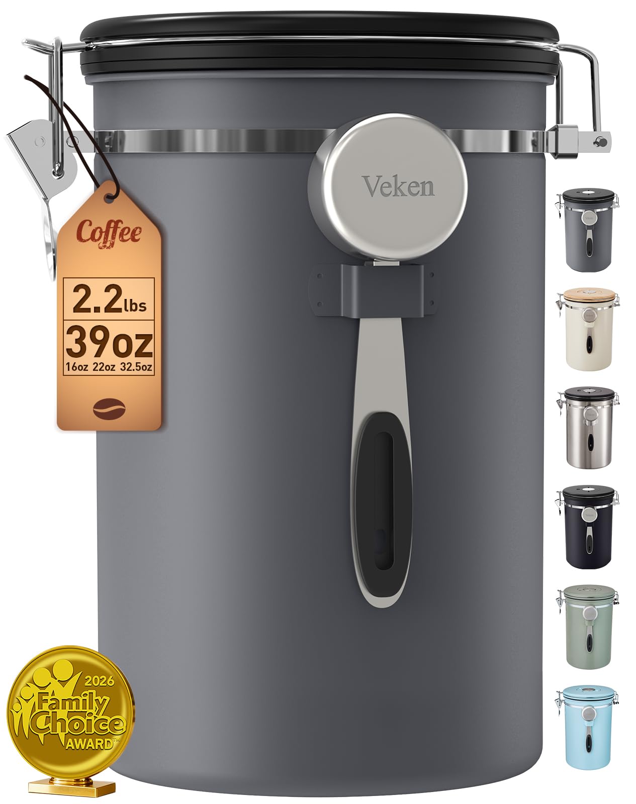 Veken Coffee Canister,39OZ, 2.2lbs,Large Airtight Stainless Steel Container | Kitchen Foo…
