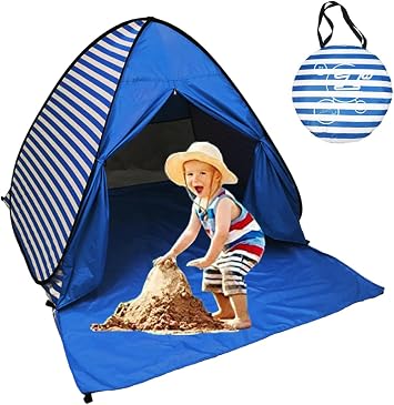 Pop Up Beach Tent Shade Sun Shelter UPF 50+ Canopy Cabana 2-3 Person for Adults Baby Kids Outdoor Activities Camping Fishing Hiking Picnic TouringDark Blue Stripes
