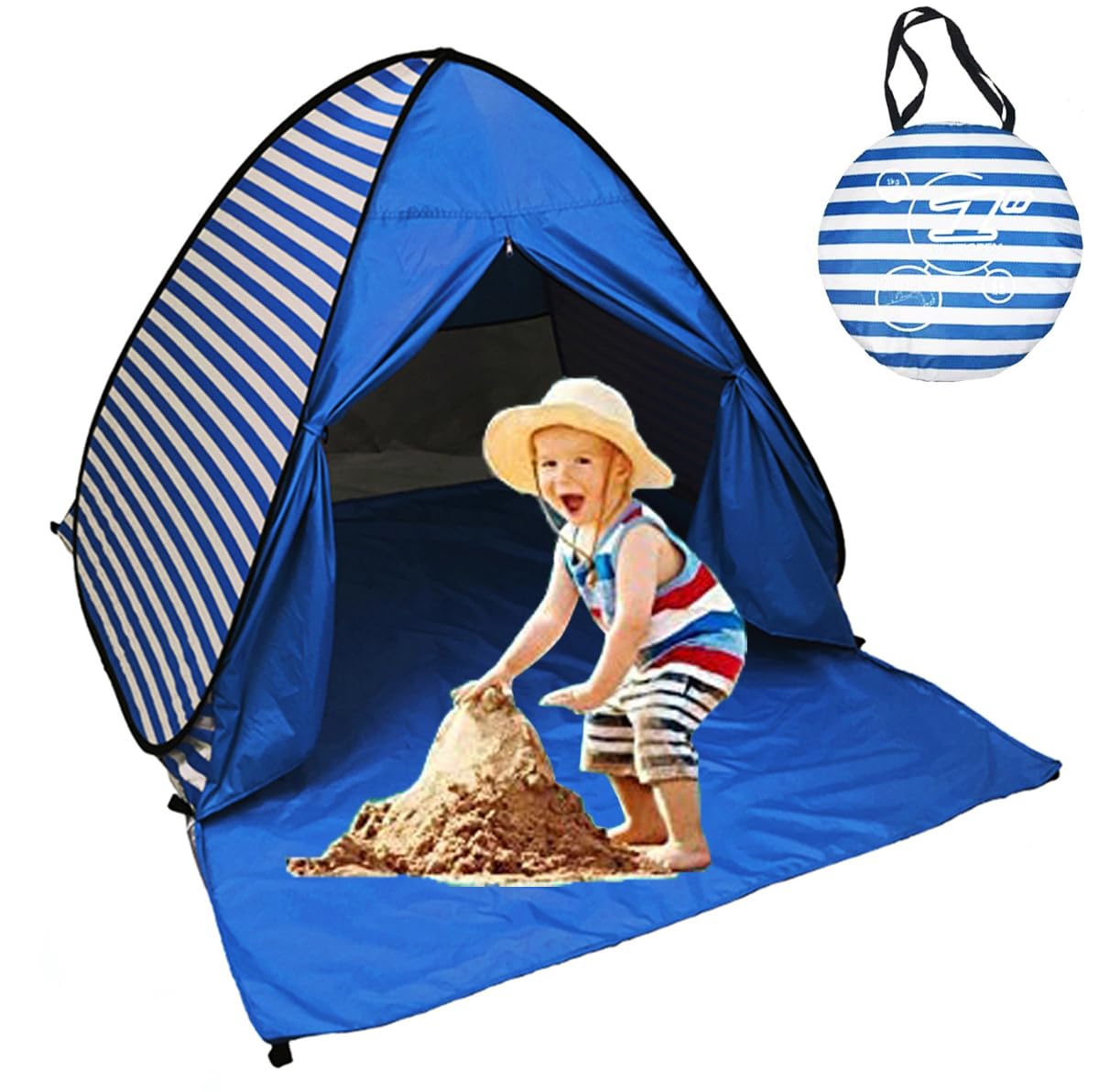 Photo 1 of Pop Up Beach Tent Shade Sun Shelter UPF 50+ Canopy Cabana 2-3 Person for Adults Baby Kids Outdoor Activities Camping Fishing Hiking Picnic Touring(Dark Blue Stripes)