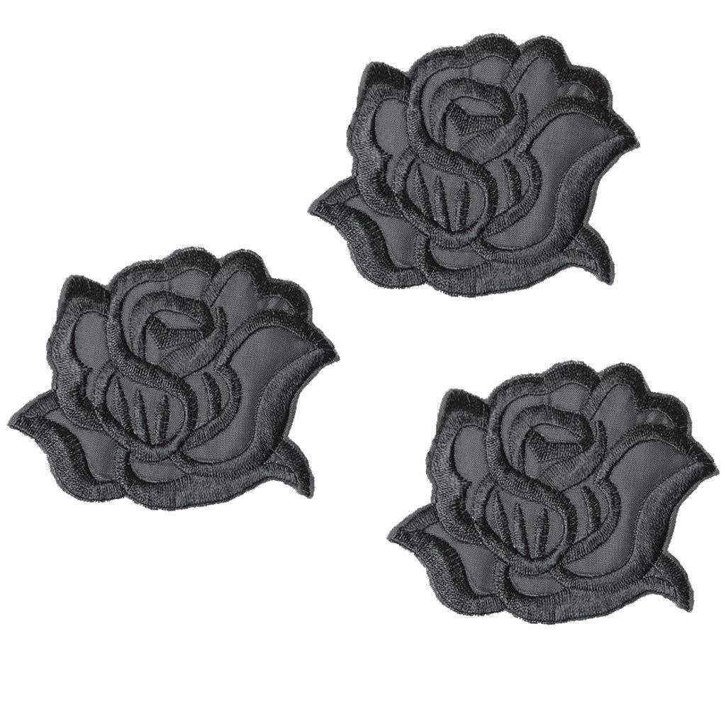 U-Sky Iron on Patches for Clothes, 3pcs Black Rose Flower Iron-on Patch Garment Accessary, Various Sew-on Appliques for Shirts/Backpacks/Hat/Jackets/Jeans to Cover Logo/Rip/Dirt, Size: 3.1x2.4 inch