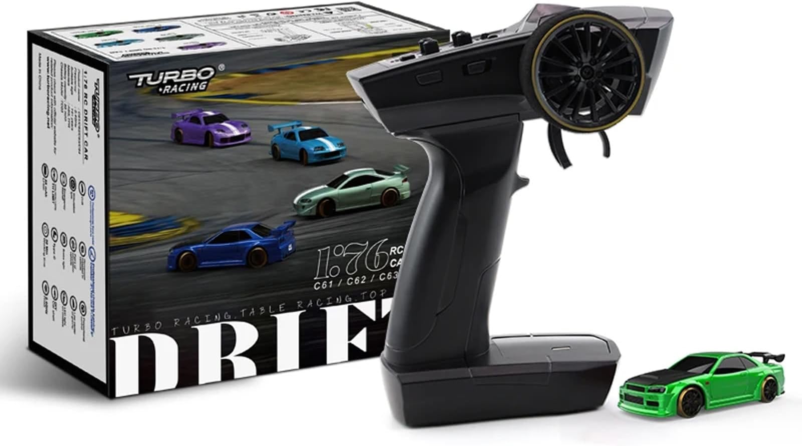 1:76 Turbo Racing Scale RC Sport Car, Table Racing Remote Control Mini Model Car Full Proportional RTR Kit Toys (C64-Green)