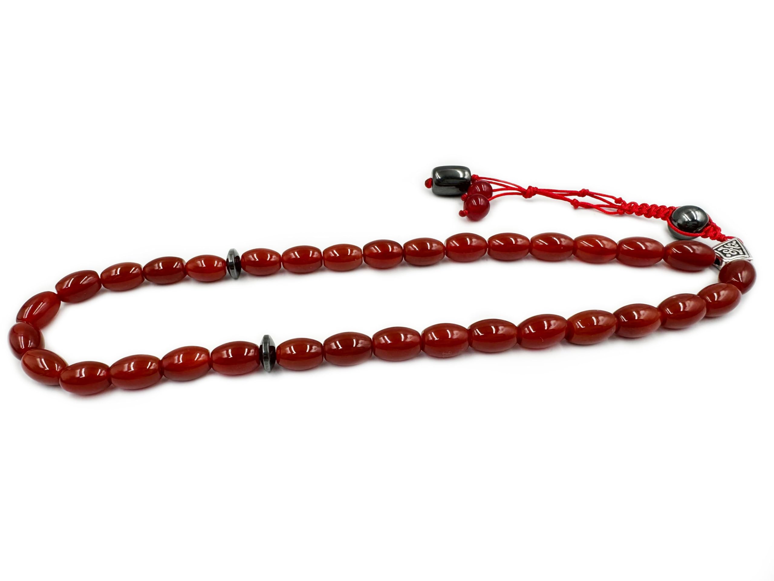 REBUY Red Agate Aqeeq Hematite Stone With Tassel Rope Tasbih | Natural Healing Misbaha Tasbeeh for Men & Women | Islamic Religious Prayer Gemstone for Meditation & Peaceful Energy | Pack of 1 1