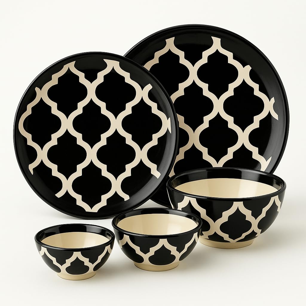 Yelona Eco-Friendly Ceramic Dinner Set | 5-Piece Crockery Set | Lightweight & Durable Dining Set | Charcoal Black Plates (7" & 8") & Ramen Snack Bowls (75ml, 125ml, 200ml) | Perfect for Gifting