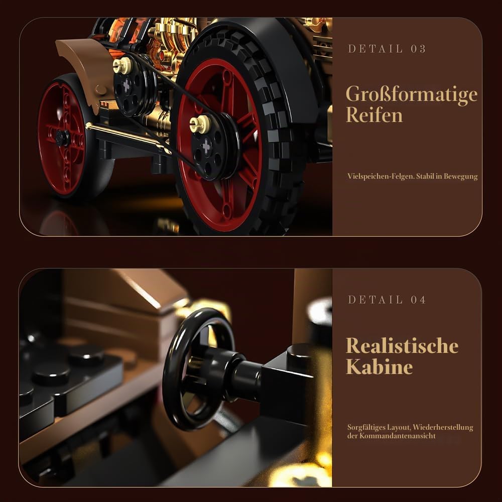 Retro mechanisches Dampfauto Klemmbausteine Technik, MOC-Oldtimer-Bausatz, Supercar-Spielzeugmodell, Bausteine für Erwachsene zum Sammeln von Autos(1-10)