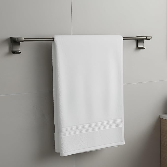 iBELL 57 cm (22.5-Inch) Wall Mount Stainless Steel Towel Rod with 2 Hooks for Loofah or Bathing Sponge | Anti-Rust Towel Rack for Bathroom | Dark Grey