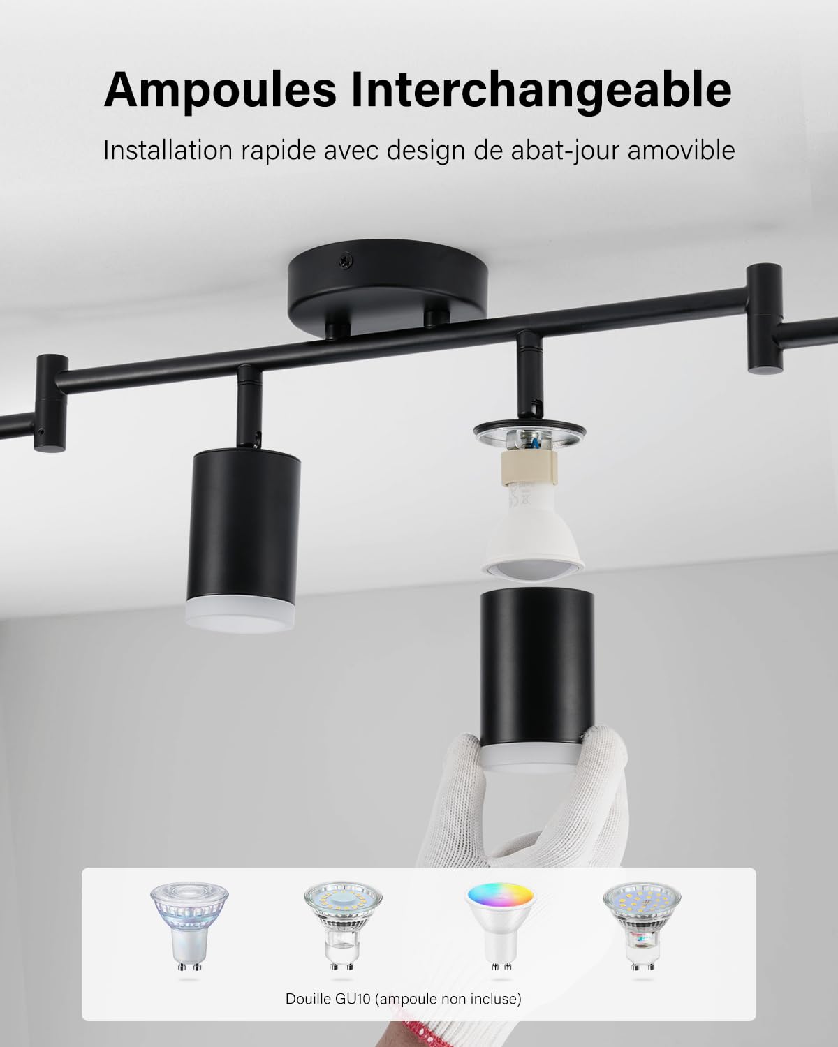 Leselux Luminaire Plafonnier LED 6 Spots Orientable Noir GU10, Sans Ampoule