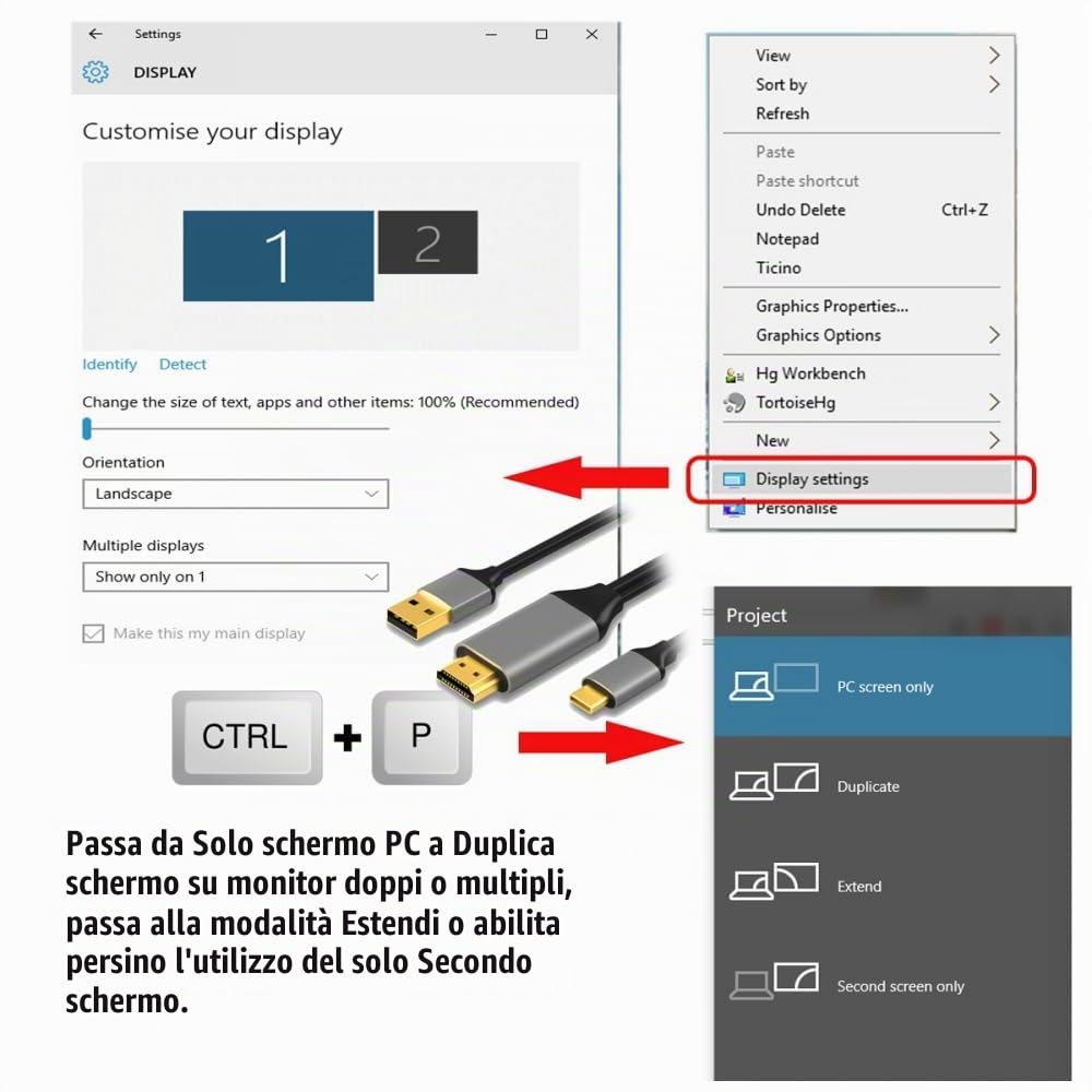 CY Cavo reversibile HDMI 1.4 da fonte a USB 3.1 tipo C USB-C per display maschio 4K HDTV, cavo da 1,8 m per monitor di computer portatile