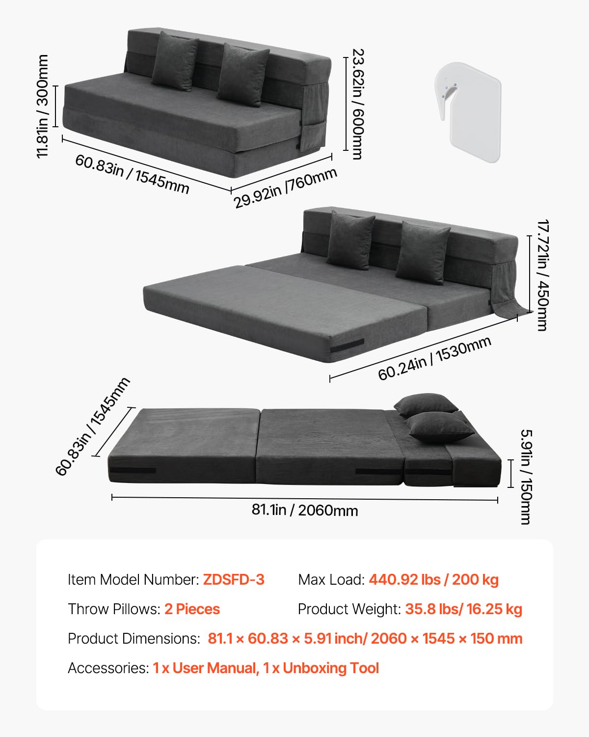 VEVOR Divano Letto Pieghevole con 2 Cuscini e Fodera Lavabile, Poltrona Letto Trasformabile in Memory Foam ad Alta Densità 25D, Divano Futon per Soggiorno, Camera da Letto, Grigio Scuro, Queen