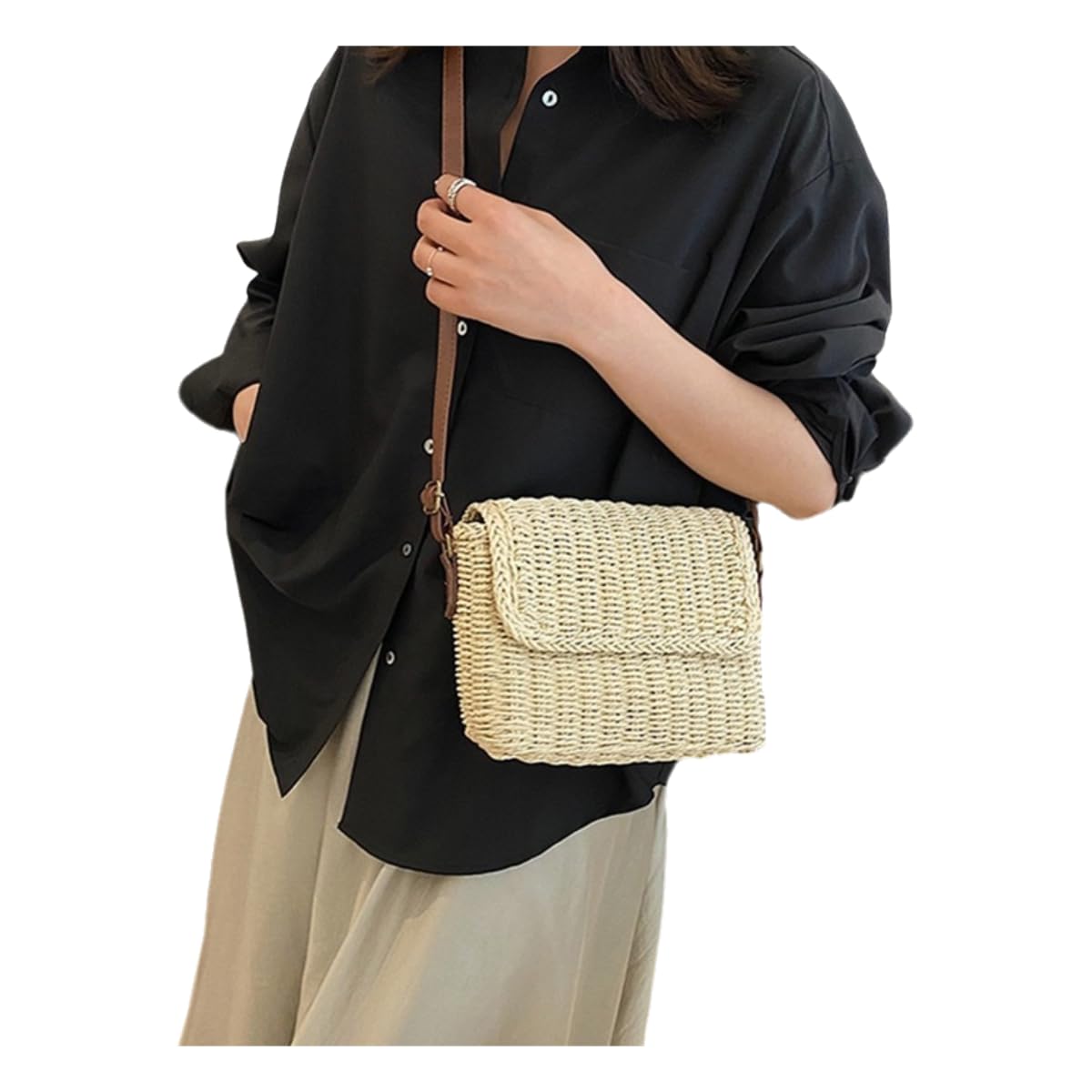 MYLLJBD Straw Bag Women Stylish Women's Woven Shoulder Bag, Raffia Crossbody Retro Bag-beige