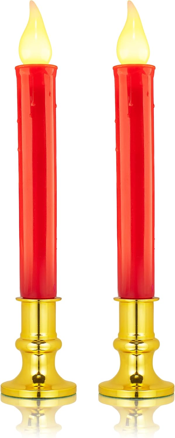 Tupkee Red LED Window Candles – Set of 2 Battery-Operated Flameless Christmas Candles with Flickering Flame & Timer for Holiday Window & Home Décory Window & Home Decoration