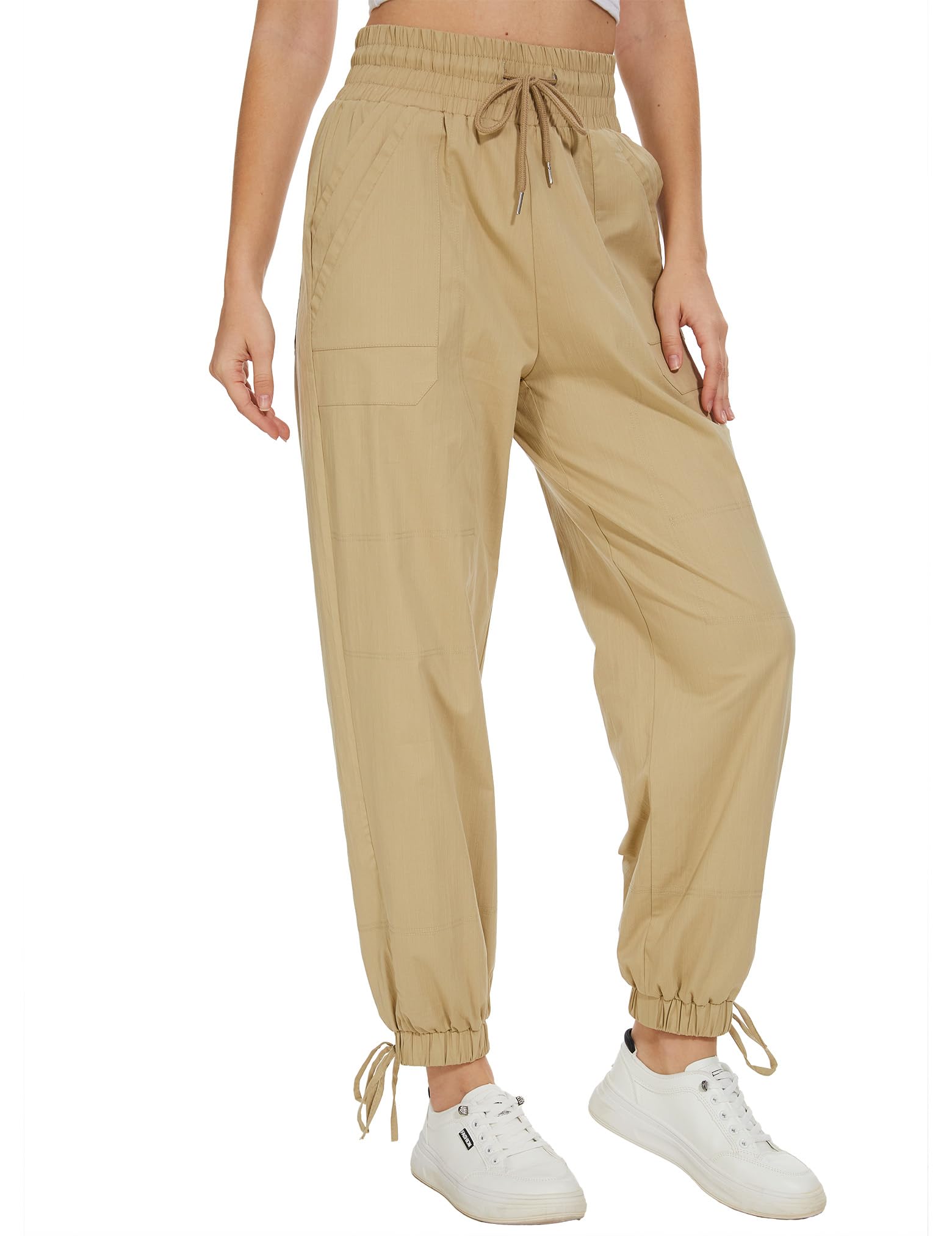 Womens Casual Elastic High Waisted Work Pants Elastic Waistband Drawstring Trousers