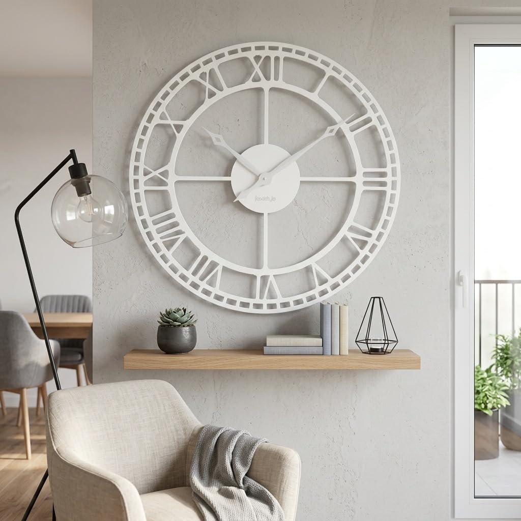 FLEXISTYLE Reloj de Pared Grande Vintage Retro XXL 80 cm diámetro Metal Industrial Negro Blanco Dorado (Blanco)