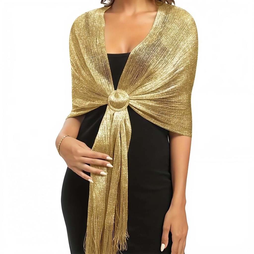 Evening Shawl for Women Elegant Gold/Silver Metallic Shawl with Fringe & Buckle, Lightweight Sparkling Wrap for Formal Events, Wedding and Party Outfit