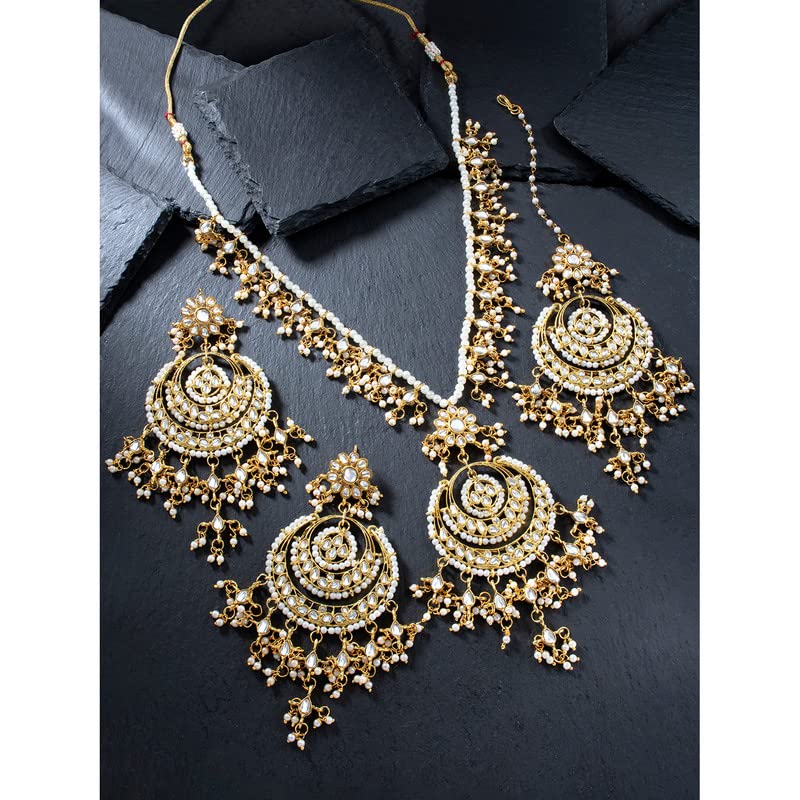 Image of Aheli Elegant Indian Faux Kundan Studded Choker Necklace with Maang Tikka Set Ethnic Wedding Wear Bharatanatyam jewellery set Gift for Women