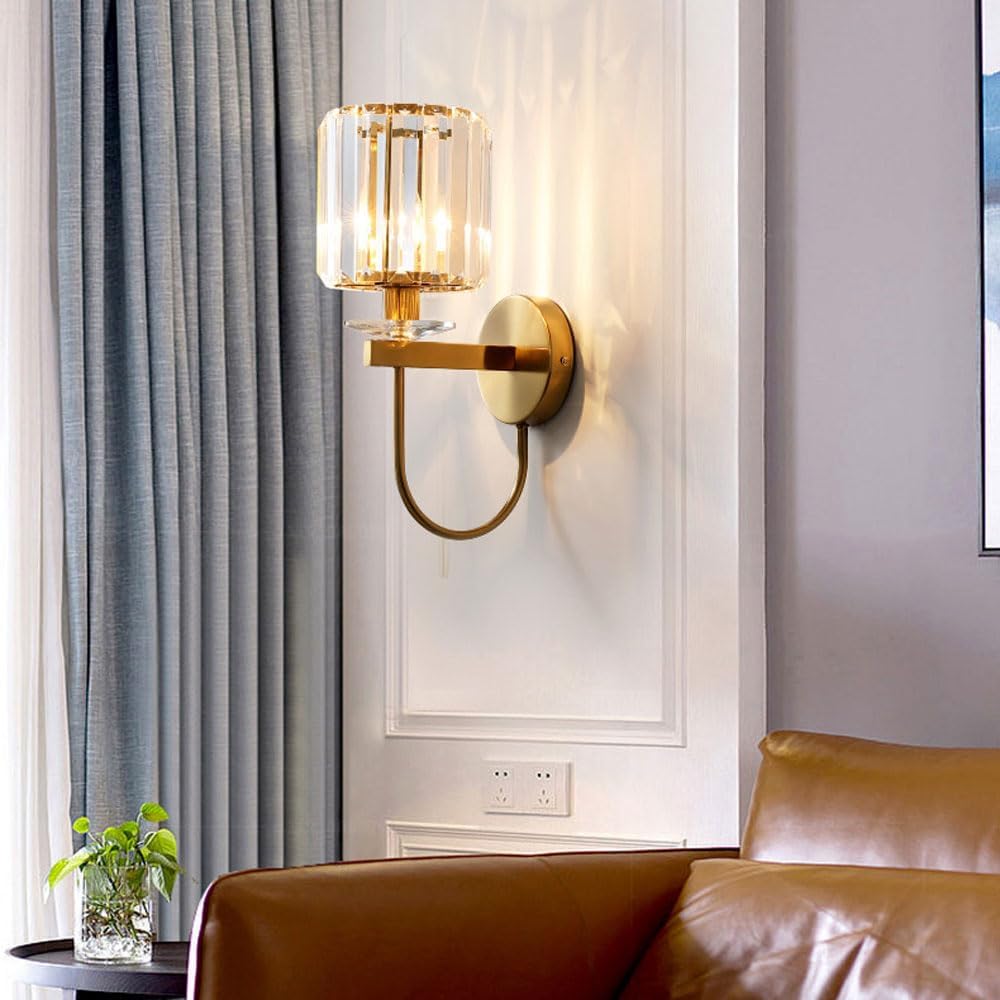 French Crystal Wall Sconces Modern Bedroom Wall Light with Glass Shade Mid Century Farmhouse Wall Night Light Brushed Gold Wall Mounted Lamp with E14 Socket Indoor Bathroom Vanity Light