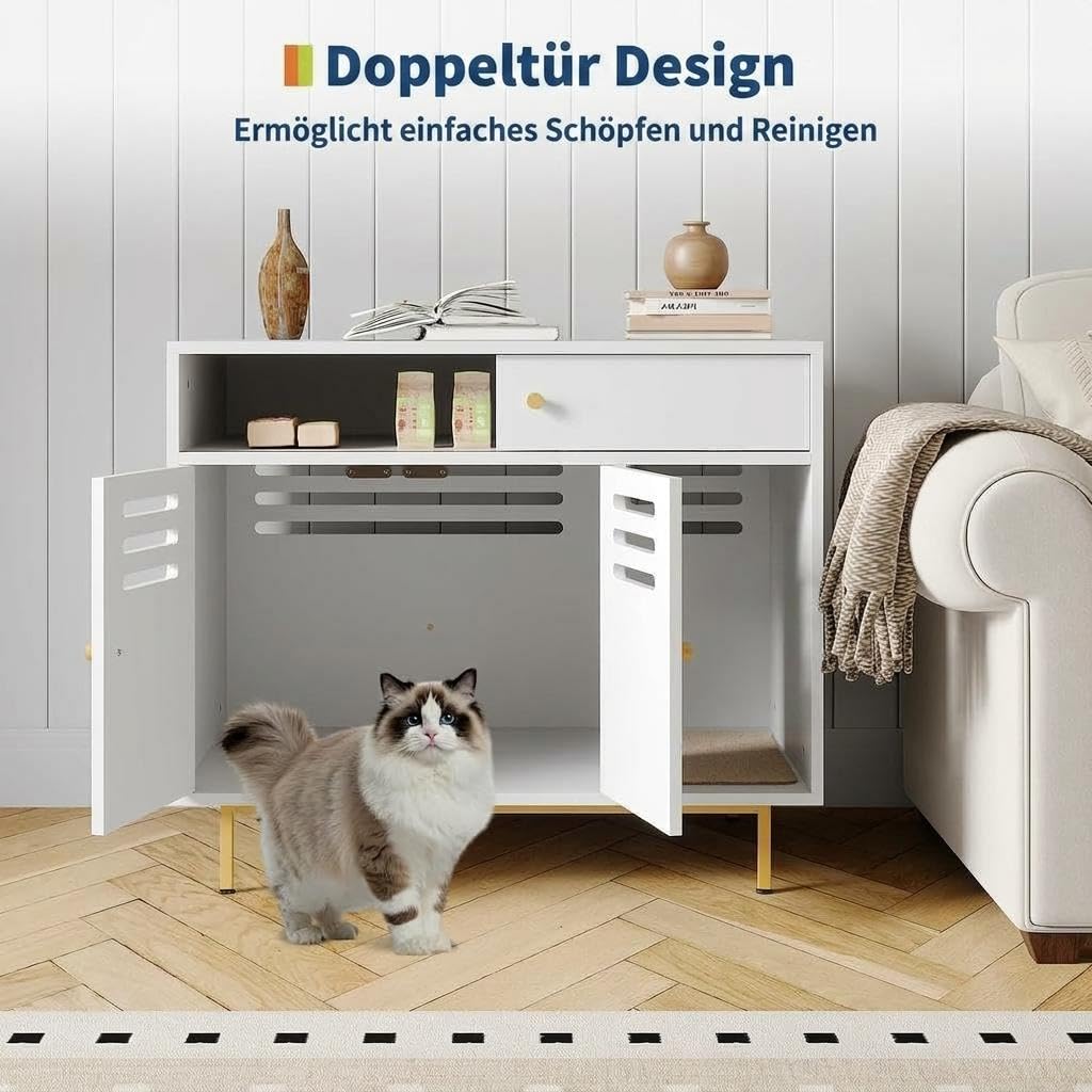 Modernes Katzenklo-Möbel mit Schublade, Regal, Versteckter Katzenklo Schrank 80 × 50 × 67cm, Katzenstreu Enclosure mit Seitlicher Einstieg, Belüftetes, Hundesicher für Flur & Schlafzimmer, Weiß