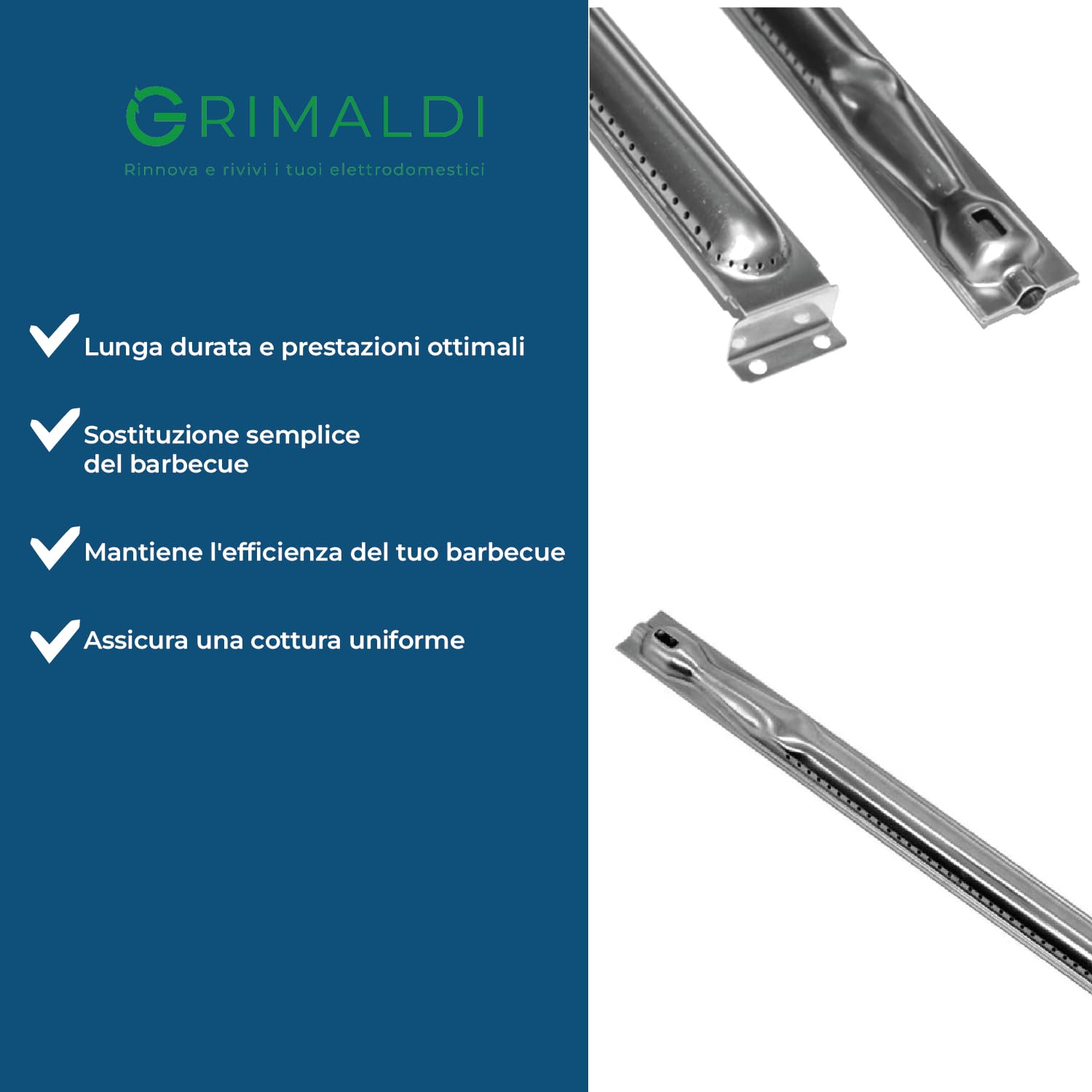 G GRIMALDI Bruciatore Inox Barbecue BBQ 28MB Compatibile con Campingaz 5010002165 Serie 3 4 Classic Woody Lunghezza 39 cm spartifiamma 25 cm Foro ugello Ø9 mm codice Ricambio Grill Gas Acciaio