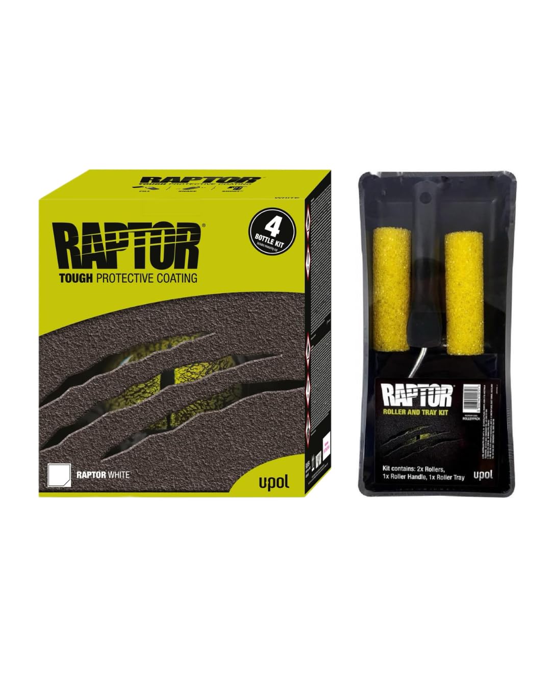 U-POL RAPTOR Rivestimento Protettivo in Uretano 2K, Bianco, 4 Bottiglie da 3,79 Litri, con Indurente, incluso Set di Scooter e Vassoi