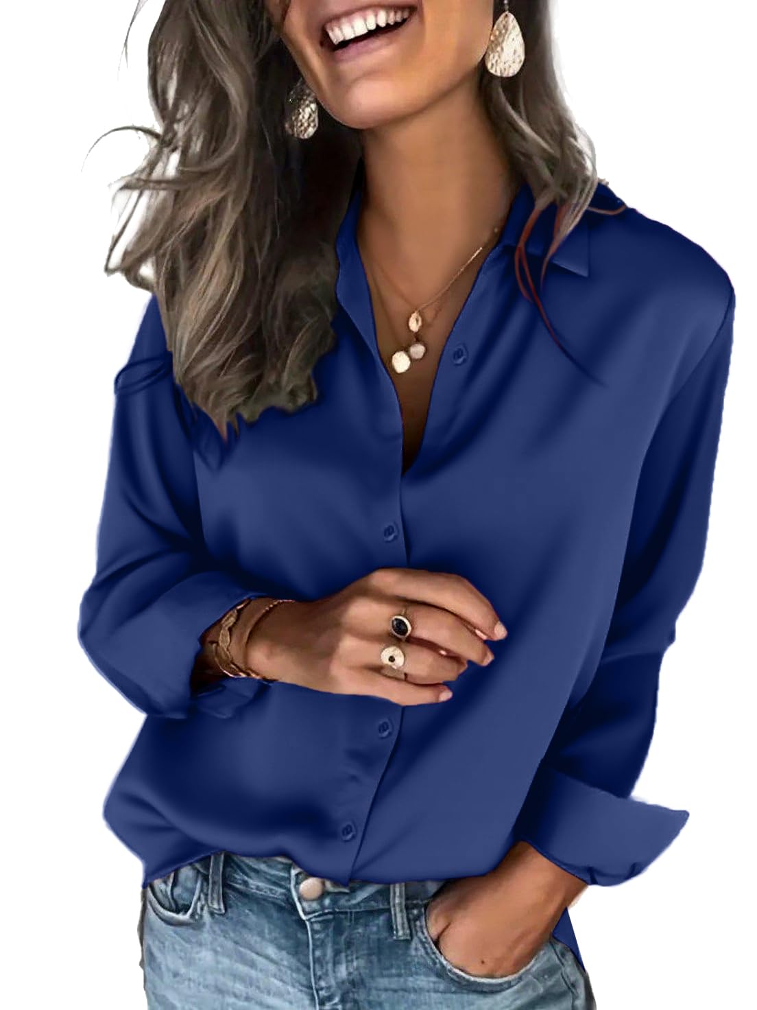Zeagoo Damen Satin Bluse Elegant V-Ausschnitt Hemdbluse Langarm Satinblusen Button Down Business Shirts Lässige Oberteil Tops Marineblau L