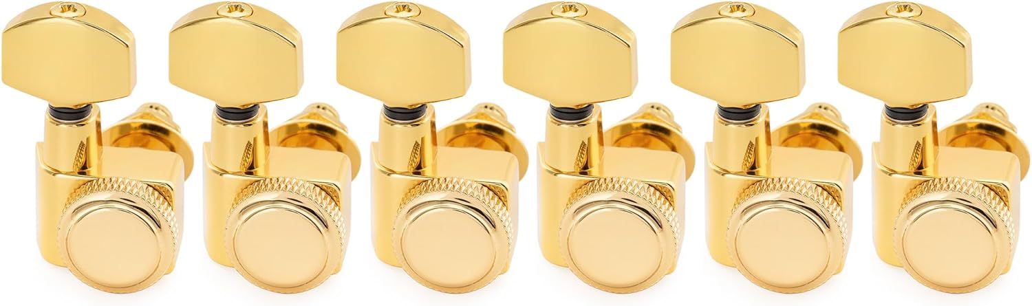 Musiclily Pro 6-in-line 18:1 Ratio 2-Pin Full Sealed Locking Machine Heads Tuners Tuning Pegs Keys with Hex Button for Fender Strat Tele Style Electric Guitar, Gold